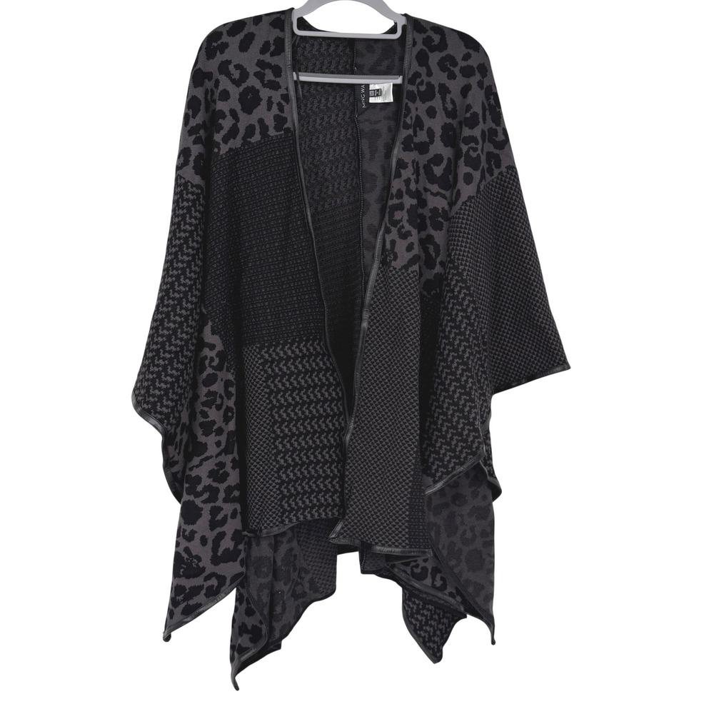 Ming Wang Womens One Size Leopard Houndstooth Knit Poncho Wrap Gray Black